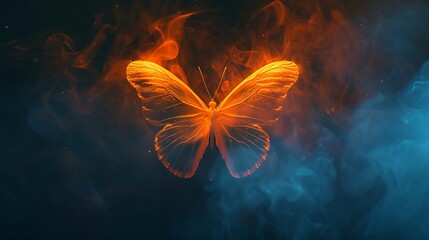 Shining butterfly with frosted paper wings on a dark background, gradient orange and sapphire smoke, simple, minimalistic, and ethereal