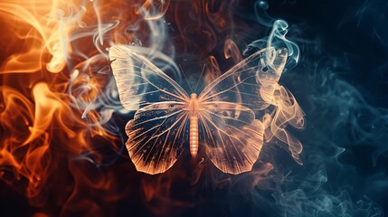 Shining butterfly with frosted paper wings on a dark background, gradient orange and sapphire smoke, simple, minimalistic, and ethereal