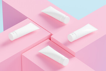 Minimalist rendering of white facial cosmetic tube on pink block background for product mockup presentation display