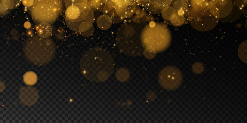 Luminous bokeh, softly shimmering with gold dust and bright star particles. Light abstract glowing lights. Glowing bokeh effect isolated on dark background. Christmas background made of glowing dust.	