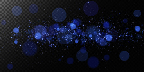 Luminous bokeh, softly shimmering with blue light. Light abstract glowing lights. Glowing bokeh effect isolated on dark background. Christmas background made of glowing dust.	