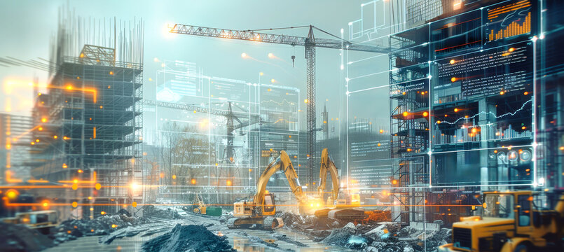 Construction machinery operates at a futuristic site, overlaid with augmented reality data visualization