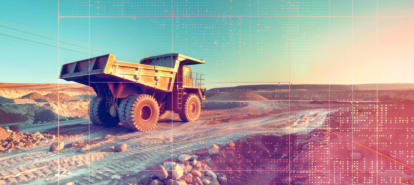 A dump truck stands in a construction site at sunset, its silhouette against a digital data visualization grid overlay