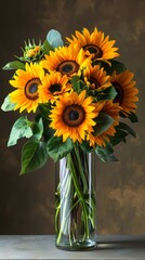 Sunflower flower arrangements in a vase. Product photography