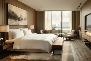 Hotel Room With Modern Minimalist: Clean lines, neutral colors, and uncluttered space with sleek furniture