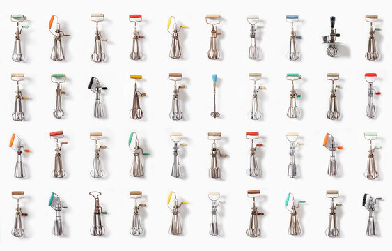 Flatlay collection of vintage handheld beaters 