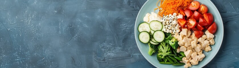 A colorful fresh salad with cucumbers, carrots, tomatoes, chicken, and lettuce on a blue plate against a dark rustic background.
