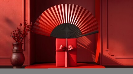 Render a 3D image of a red package in front of a beautifully crafted red Chinese ancient fan, showcasing the blend of modern and traditional elements in design
