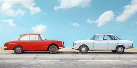 Fototapeta premium Comparison of Old and New Vehicles: Vintage Car and Modern Car Side by Side. AI-Generated, 4K High-Resolution Wallpaper Showcasing Transportation Evolution and Technological Progress.