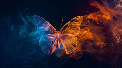 Shining butterfly with frosted paper wings on a dark background, gradient orange and sapphire smoke, simple, minimalistic, and ethereal