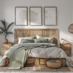  coastal wooden bed with green pillows and bedside cabinets against white wall with posters frames 