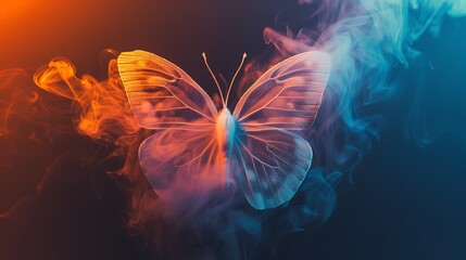 Shining butterfly with frosted paper wings on a dark background, gradient orange and sapphire smoke, simple, minimalistic, and ethereal