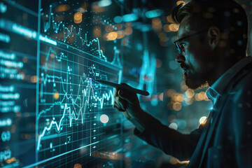Obraz premium Tech personnel touch the big screen to receive data