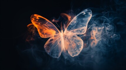 Shining butterfly with frosted paper wings on a dark background, gradient orange and sapphire smoke, simple, minimalistic, and ethereal