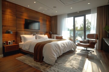 Hotel Room With Modern Minimalist: Clean lines, neutral colors, and uncluttered space with sleek furniture