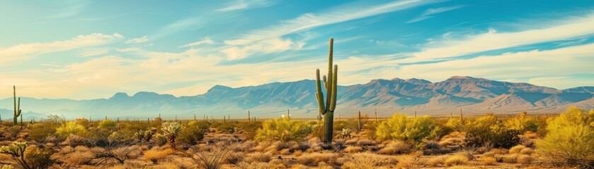 A panoramic view of a desert landscape with a lone cactus in the foreground and distant mountains under a bright, blue sky.