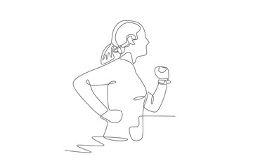 Woman jogging wearing a heart rate detector. Medical technology concept one-line drawing