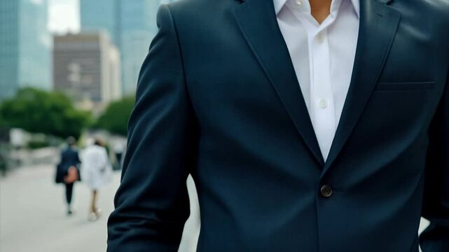 Tilting up from a man's hand holding a briefcase to a handsome confident Indian businessman with a beard with skyscrapers of the city overhead.