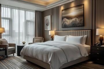 Hotel Room With Modern Minimalist: Clean lines, neutral colors, and uncluttered space with sleek furniture
