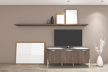 3d render of minimal interior design tv credenza side the window with frame mock up on the floor. Light oak parquet floor, light taupe wall and white ceiling. Set 9
