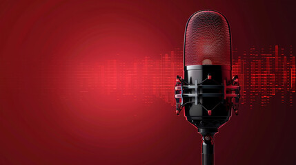 Microphone with electronics waveform on red background, broadcasting or podcasting banner