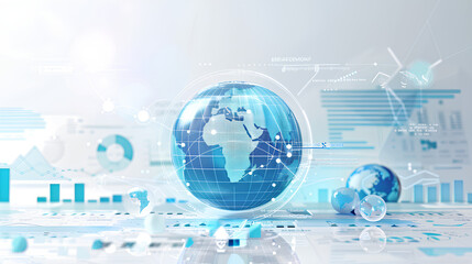A digital infographic with a globe, graphs, and statistical data representing global financial trends, displayed on a light blue and white background, symbolizing analytics Stock Illustration
