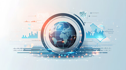 A digital infographic with a globe, graphs, and statistical data representing global financial trends, displayed on a light blue and white background, symbolizing analytics Stock Illustration