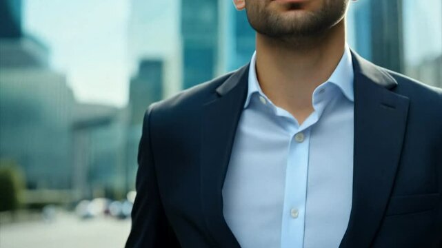 Tilting up from a man's hand holding a briefcase to a handsome confident Caucasian businessman with a beard walking with skyscrapers of the city overhead.