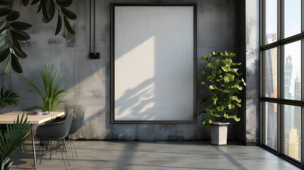 An empty poster frame in a modern office interior, on a concrete wall, with natural light from windows, concept of advertising space. Generative AI Stock Illustration