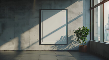 An empty poster frame in a modern office interior, on a concrete wall, with natural light from windows, concept of advertising space. Generative AI Stock Illustration