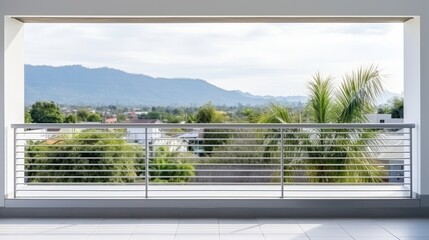Fototapeta premium Modern apartment balcony featuring aluminum railings, creating a cozy and inviting outdoor space