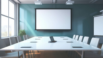 Modern Conference Room with a Large Projection Screen, Bright Natural Light, and Neatly Arranged Chairs and Table