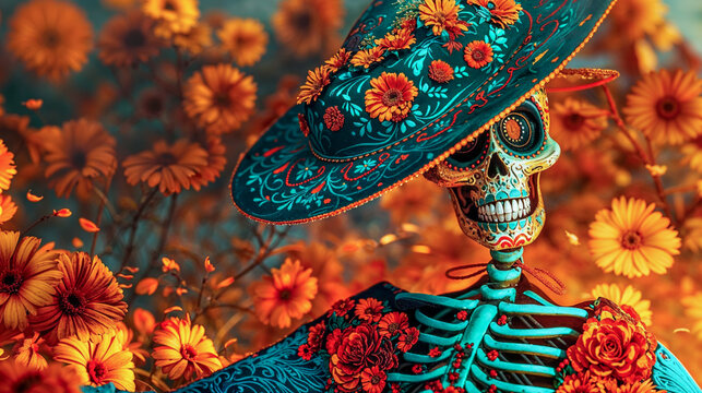 personnage de la f&ecirc;te des morts, squelette habill&eacute; pour le dia de los muertos