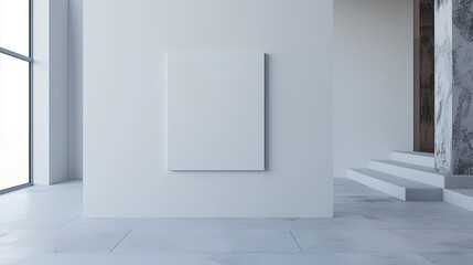Empty white canvas on a wall in a bright gallery space with minimalist design, concept of modern art exhibition. 3D Rendering Stock Illustration