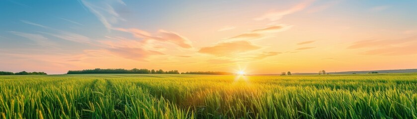 Beautiful sunrise over lush green field with vibrant sky, capturing the serene beauty of nature in the early morning.