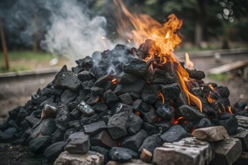 burning charcoal pile with smoke. Using fossil fuel