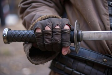 hand hold katana blade weapon closeup. Close range fight