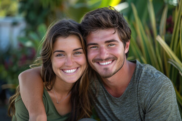 Fototapeta premium Young couple embracing and taking a photo