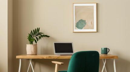 Rustic Home Office Retreat: Cozy Workspace with Wooden Desk, Ergonomic Chair, and Laptop in Earthy Tones