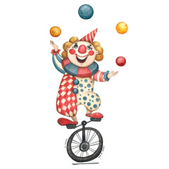 A clown on a unicycle juggles balls. Hand drawn watercolor illustration in vintage childish style. Drawing for cards, posters, holiday invitations. Circus, tent, vintage, performance, unicycle, clown