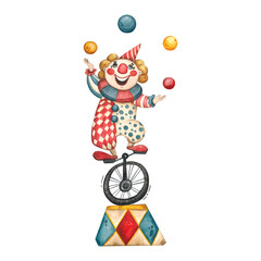 A clown on a unicycle juggles balls on a stand. Hand drawn watercolor illustration in vintage childish style. Drawing for cards, posters, holiday invitations