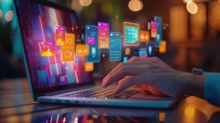 Fototapeta premium Person typing on laptop with floating digital icons representing online activities.