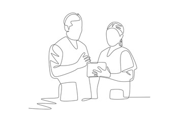 Two doctors viewing data via tablet. Medical technology concept one-line drawing
