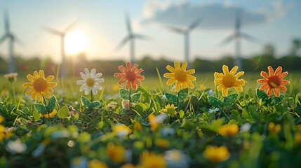 Obraz premium An eco-friendly scene with a hand drawing white doodles of renewable energy, a city, and the sun on a grass field, with wind turbines blurred in the background