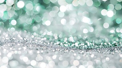 Silver and white background with abstract glitter lights, de-focused, featuring minimalist emerald green shapes