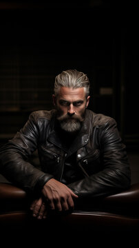 Portrait of a handsome bearded man with grey hair wearing a leather jacket. Isolated on a clean black background with copy space. Minimal concept.