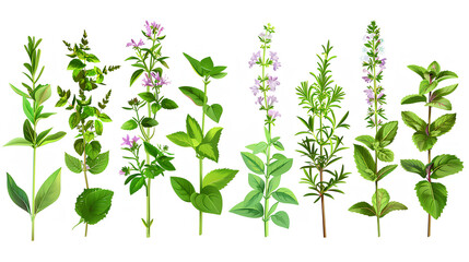 Set of aromatic herb flowers including mint, rosemary, and basil, isolated on transparent background Stock Illustration