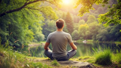 young man sitting meditating behind nature emerging daylight calm natural light outdoor peaceful