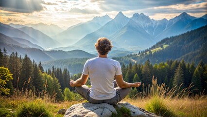 Naklejka premium young man sitting meditating yoga behind nature emerging mountains daylight calm natural light outdoor peaceful