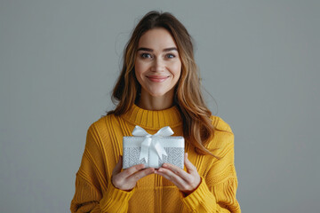 The woman holding the red gift box
